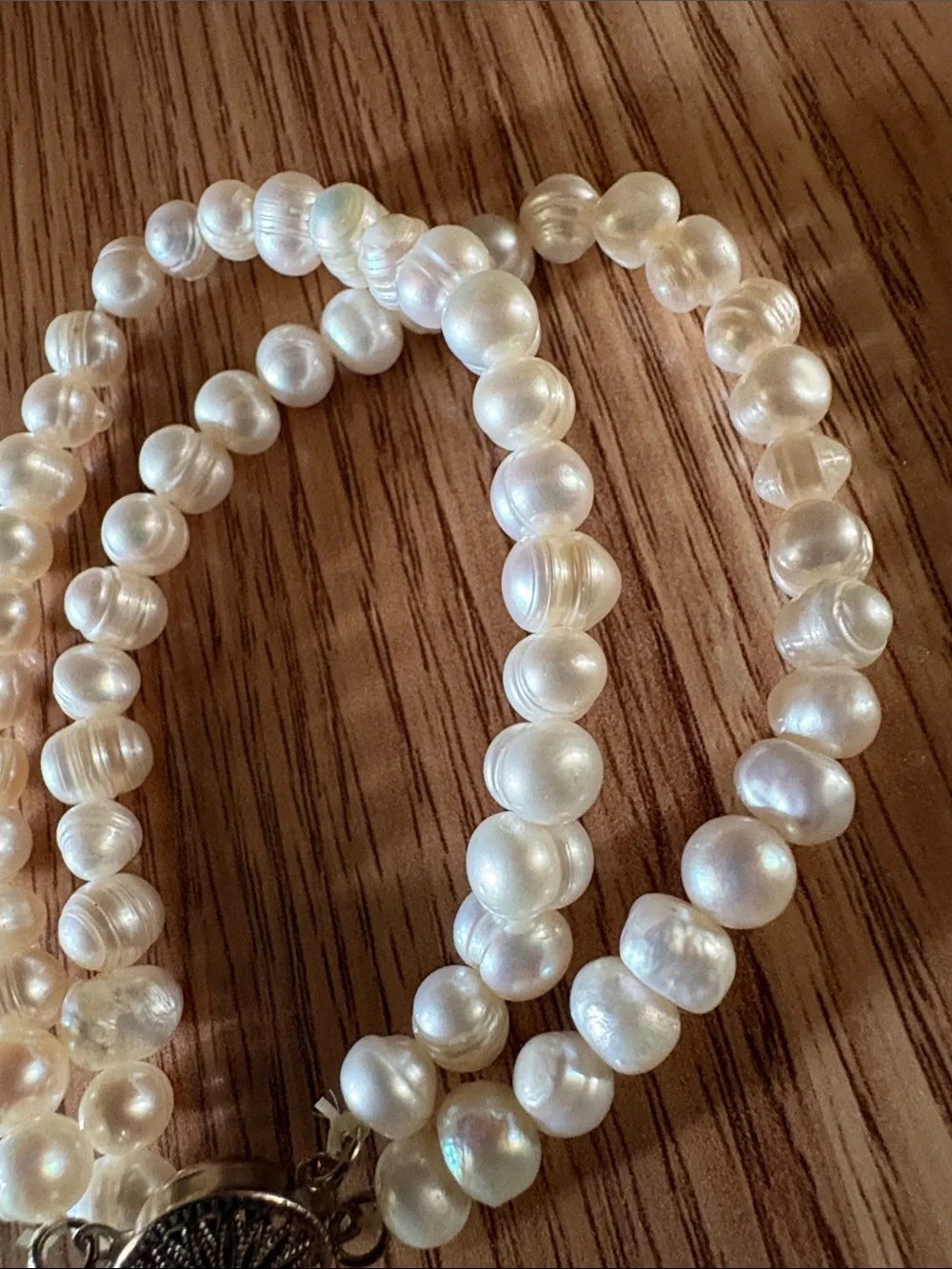 VINTAGE FRESHWATER BAROQUE WHITE PEARL 2-STRAND SILVER SLIDER CLASP 7.5